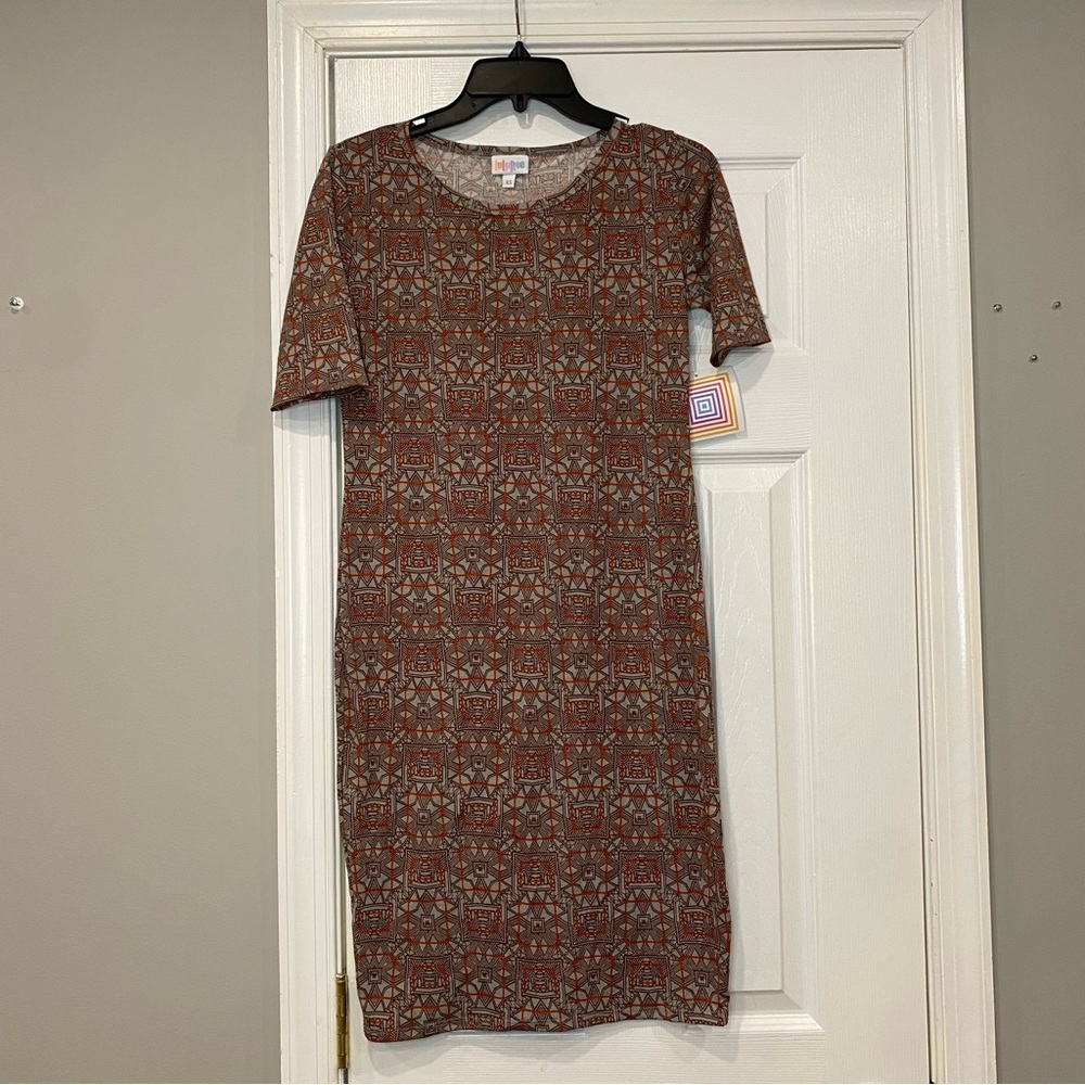 LuLaRoe Julia NWT Boho Geometric Print Brown Rust Beige Neutral XS